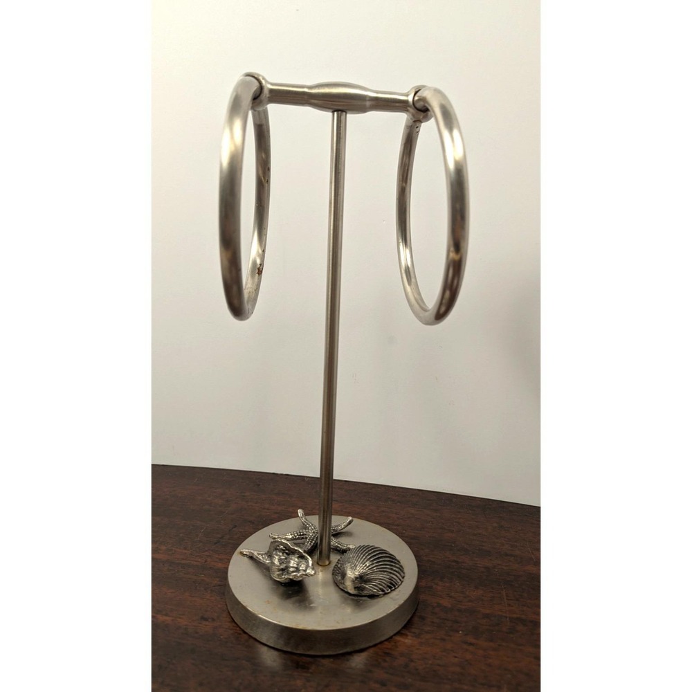 Vintage Coastal Nautical Double Towel Ring Holder Stand Brushed Nickel‎ Seashell - Picture 2 of 8